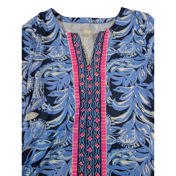 Lilly Pulitzer Karina Blue Pink 3/4 Sleeve Tunic Zanzibar Fish UPF 50 Size Large - Picture 4 of 7